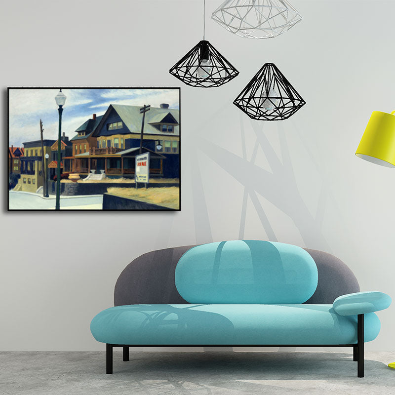 Blue Suburb Houses Painting Canvas Textured Surface Wall Art for Living Room Clearhalo 'Art Gallery' 'Canvas Art' 'Traditional' Arts' 1652394