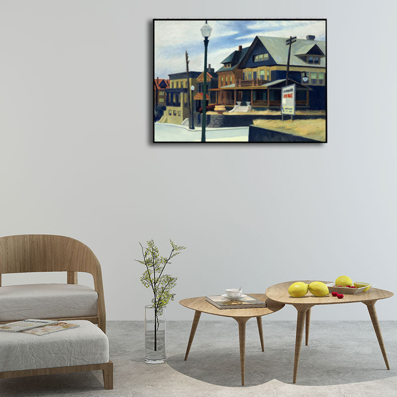 Blue Suburb Houses Painting Canvas Textured Surface Wall Art for Living Room Clearhalo 'Art Gallery' 'Canvas Art' 'Traditional' Arts' 1652395