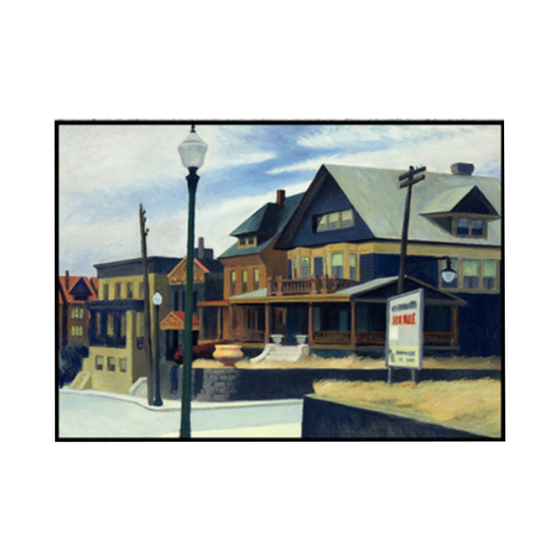Blue Suburb Houses Painting Canvas Textured Surface Wall Art for Living Room Clearhalo 'Art Gallery' 'Canvas Art' 'Traditional' Arts' 1652396