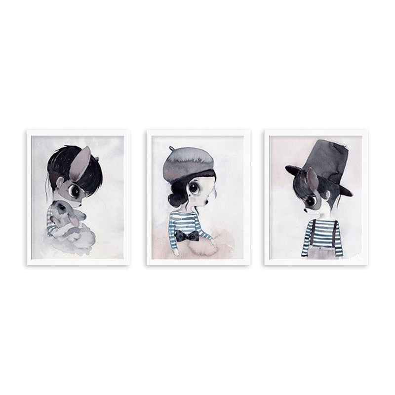 Cartoon Rabbit Painting Canvas Black Textured Wall Art Print for Childrens Bedroom Clearhalo 'Art Gallery' 'Canvas Art' 'Kids' Arts' 1652597
