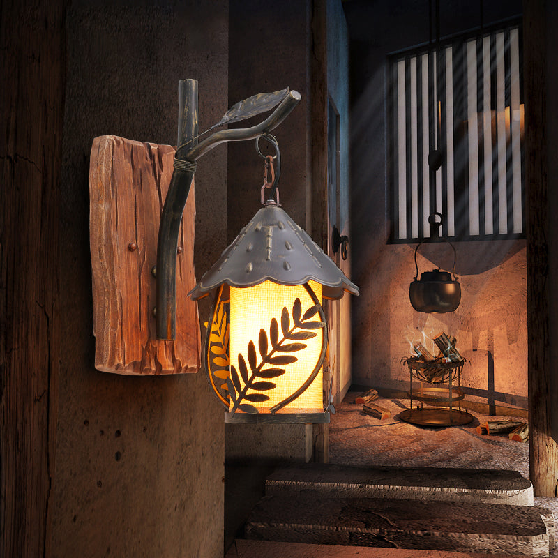 Clear Glass/Fabric Black Sconce Light Cylinder 1-Light Industrial Wall Lamp Fixture with Leaf and Wood Backplate Wood Fabric Clearhalo 'Cast Iron' 'Glass' 'Industrial wall lights' 'Industrial' 'Middle century wall lights' 'Modern' 'Rustic wall lights' 'Tiffany' 'Traditional wall lights' 'Wall Lamps & Sconces' 'Wall Lights' Lighting' 165316