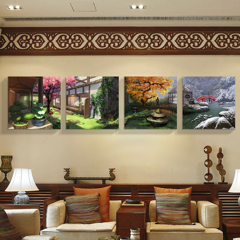 Japanese Patio View Art Print Canvas Multi-Piece Green Painting for House Interior Green Clearhalo 'Art Gallery' 'Canvas Art' 'Traditional' Arts' 1653470