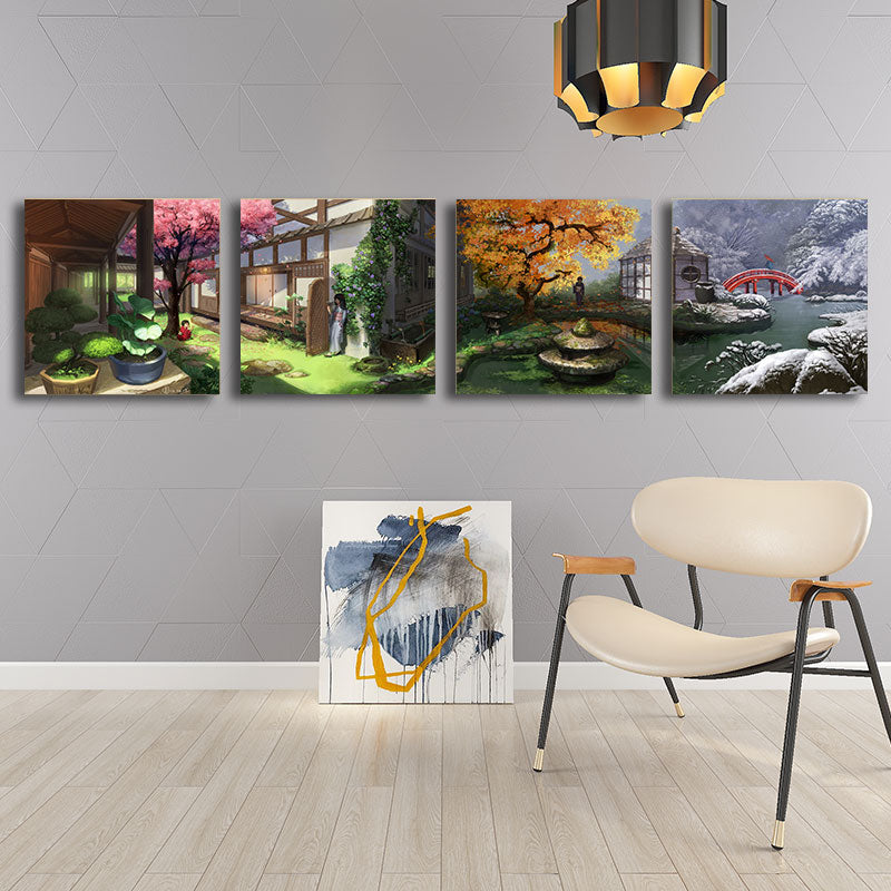 Japanese Patio View Art Print Canvas Multi-Piece Green Painting for House Interior Clearhalo 'Art Gallery' 'Canvas Art' 'Traditional' Arts' 1653471