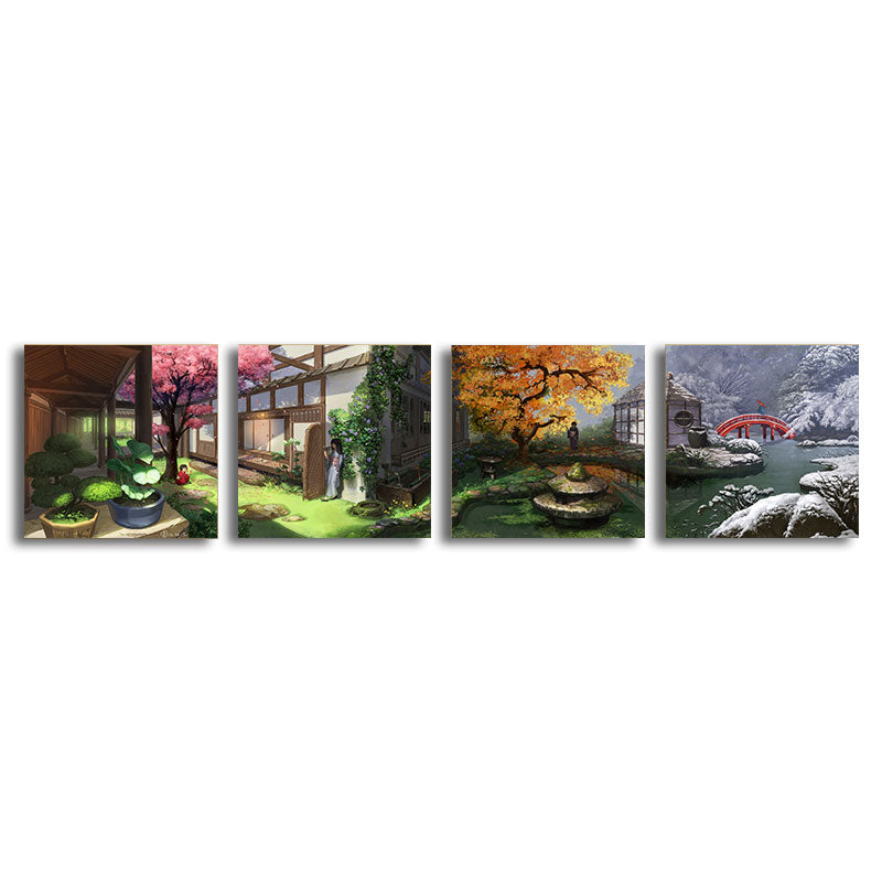 Japanese Patio View Art Print Canvas Multi-Piece Green Painting for House Interior Clearhalo 'Art Gallery' 'Canvas Art' 'Traditional' Arts' 1653473