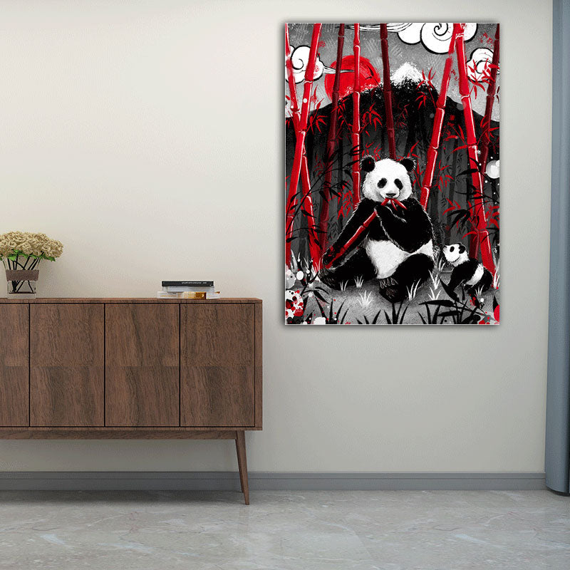 Asian Panda Eating Bamboo Canvas for Great Room Wall Art Prints in Black, Multiple Sizes - Black - Clearhalo - 'Arts' - 'Canvas Art' - 1653627