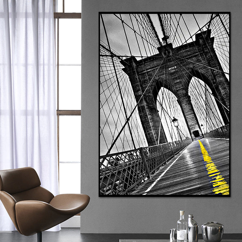 Photographic Bridge Front Canvas Wall Art for Dining Room, Grey and Yellow, Texture Grey Clearhalo 'Art Gallery' 'Canvas Art' 'Contemporary Art Gallery' 'Modern' Arts' 1654085