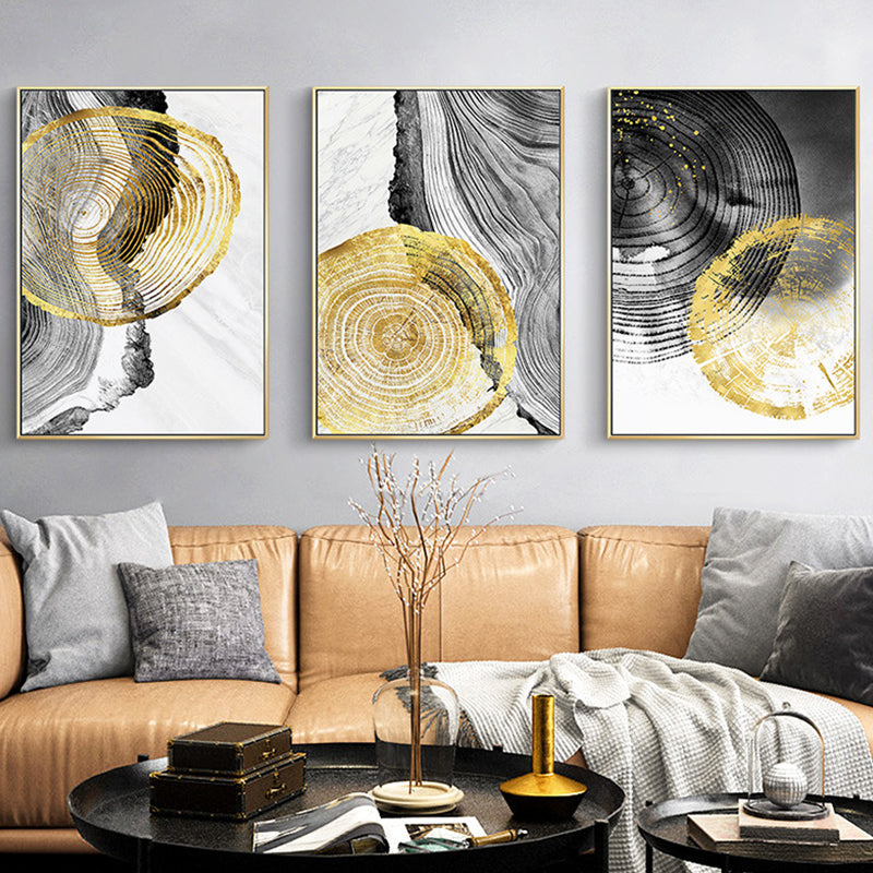 Wood Annual Rings Wall Art in Black and Gold Simplicity Wrapped Canvas for Living Room