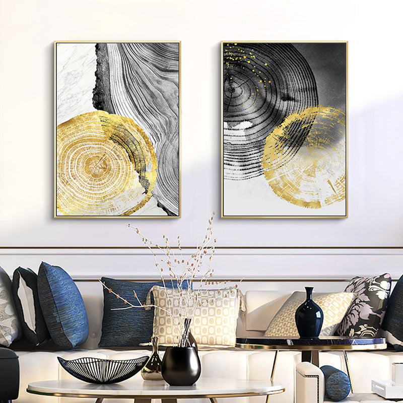 Wood Annual Rings Wall Art in Black and Gold Simplicity Wrapped Canvas for Living Room