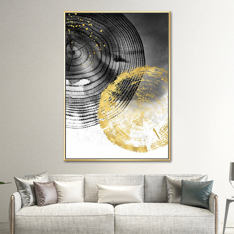 Wood Annual Rings Wall Art in Black and Gold Simplicity Wrapped Canvas for Living Room