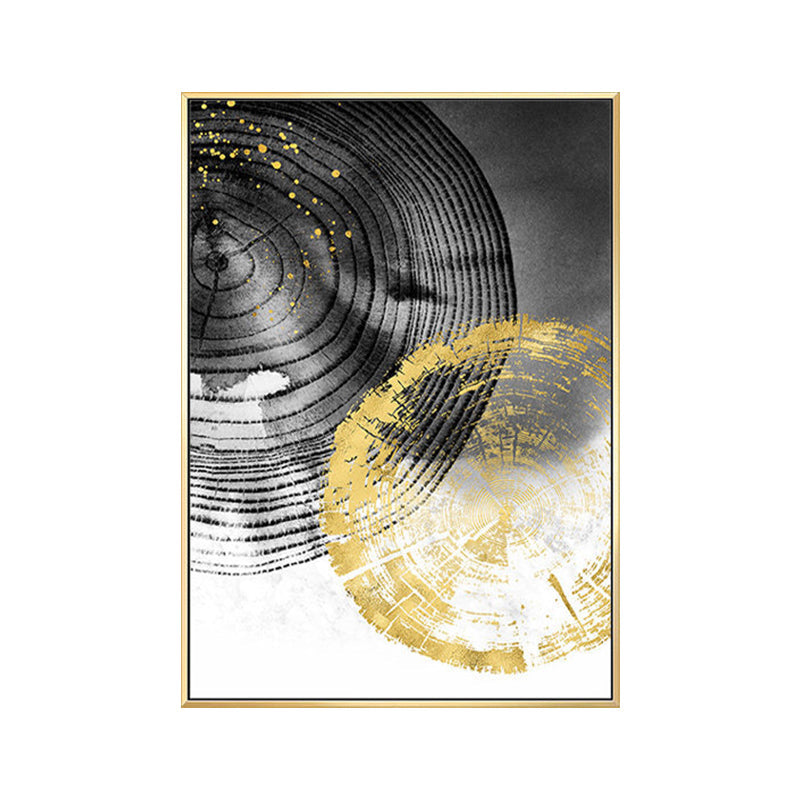 Wood Annual Rings Wall Art in Black and Gold Simplicity Wrapped Canvas for Living Room