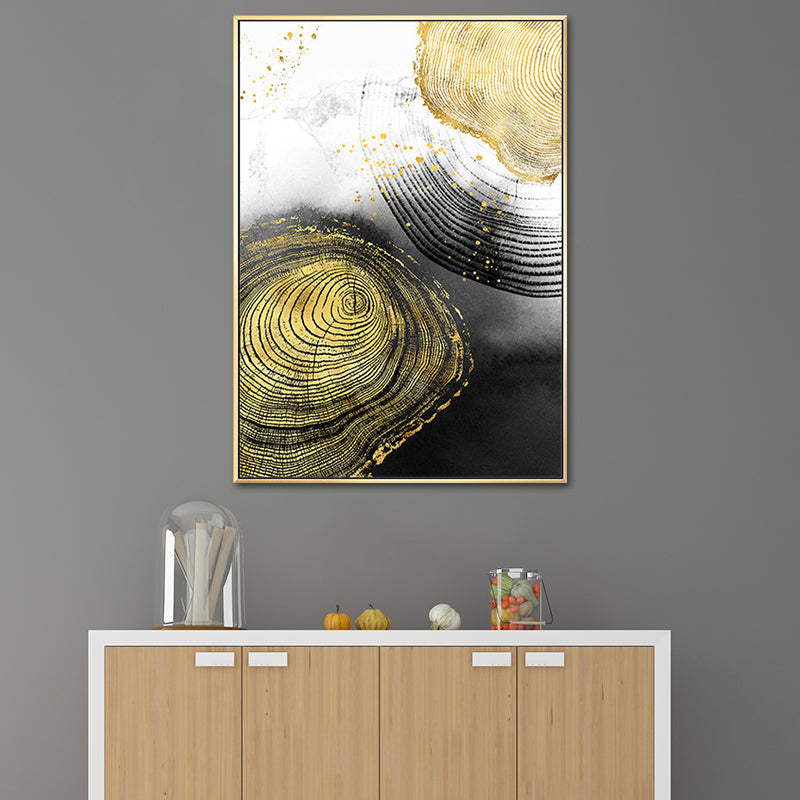 Wood Annual Rings Wall Art in Black and Gold Simplicity Wrapped Canvas for Living Room