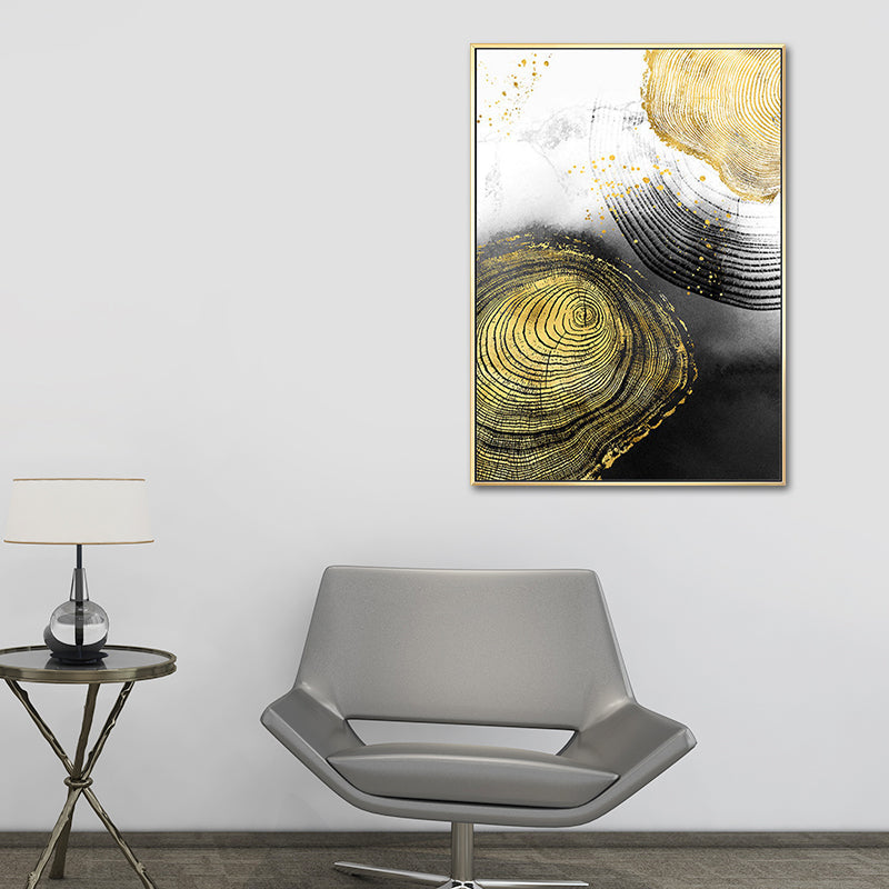 Wood Annual Rings Wall Art in Black and Gold Simplicity Wrapped Canvas for Living Room