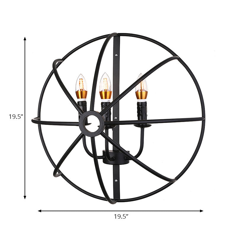 Circle Caged Iron Wall Lighting with Candle Design Industrial 2/3 Lights Dining Room Wall Sconce Light in Black Clearhalo 'Art deco wall lights' 'Cast Iron' 'Glass' 'Industrial wall lights' 'Industrial' 'Middle century wall lights' 'Modern' 'Rustic wall lights' 'Tiffany' 'Traditional wall lights' 'Wall Lamps & Sconces' 'Wall Lights' Lighting' 165423