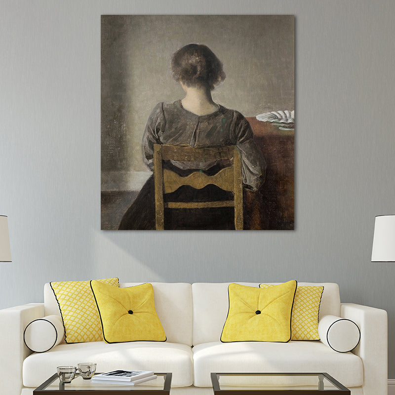 Hammershoi Woman Back Canvas Art Traditional Textured Surface Wall Decor in Dark Color Brown Clearhalo 'Art Gallery' 'Canvas Art' 'Traditional' Arts' 1655890