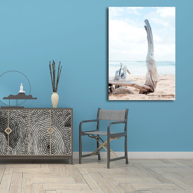 Beach Bare Trunk Seascape Canvas Print Tropics Textured Wall Art in Light Blue Light Blue Clearhalo 'Art Gallery' 'Canvas Art' 'Coastal Art Gallery' 'Nautical' Arts' 1656446