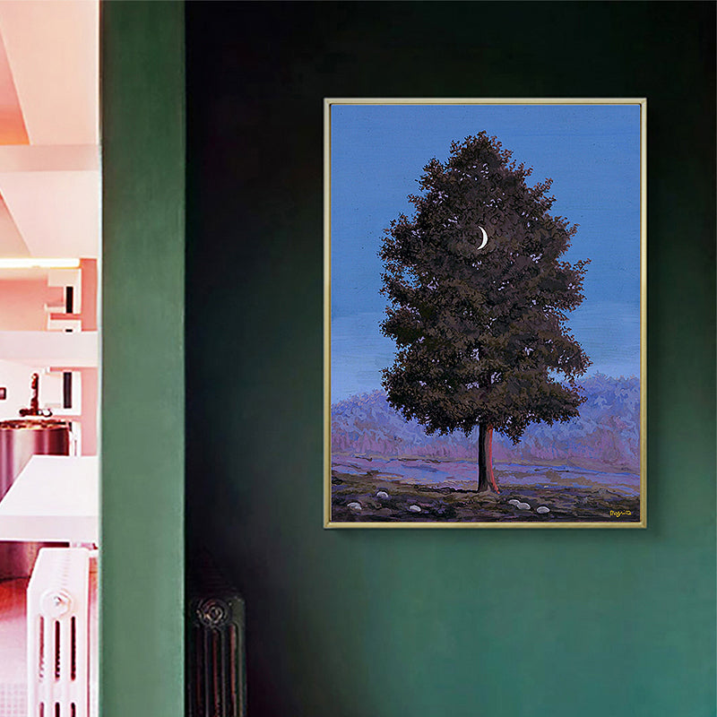 Crescent and Tree Wall Art Farmhouse Surreal Night Scene Canvas Print in Dark Color Clearhalo 'Art Gallery' 'Canvas Art' 'Country Art Gallery' 'French Country' 'Rustic' Arts' 1657307