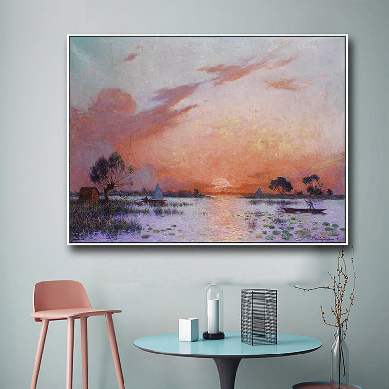 Poetic Sunset Landscape Wall Art Dining Room Scenery Painting Canvas Print in Soft Color Orange Clearhalo 'Art Gallery' 'Canvas Art' 'Country Art Gallery' 'French Country' 'Rustic' Arts' 1657497