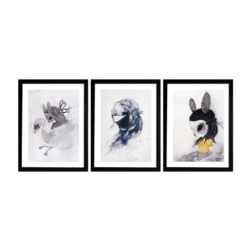 Black Cartoon Canvas Art Bunny Girl Painting Wall Decor for Girls Bedroom, Textured Clearhalo 'Art Gallery' 'Canvas Art' 'Kids' Arts' 1657683