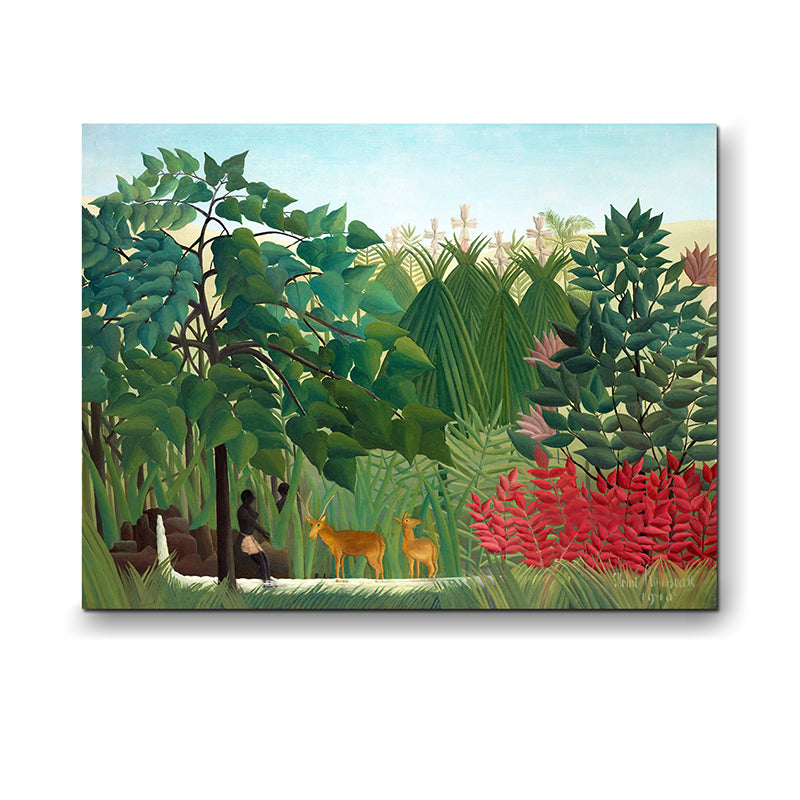 Deer in the Forest Painting Vintage Textured Canvas Wall Art in Green for Dining Room Clearhalo 'Art Gallery' 'Canvas Art' 'Country Art Gallery' 'French Country' 'Rustic' Arts' 1658526