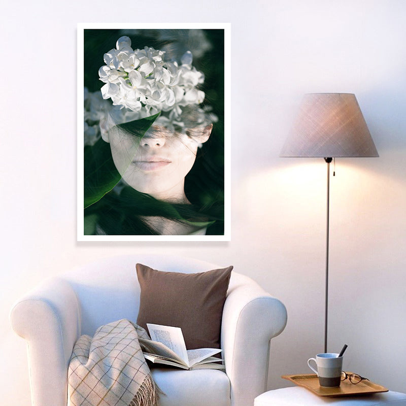 Photography Woman and Flower Canvas Art for Girls Bedroom, White and Green, Textured - White - Clearhalo - 'Arts' - 'Canvas Art' - 1658733