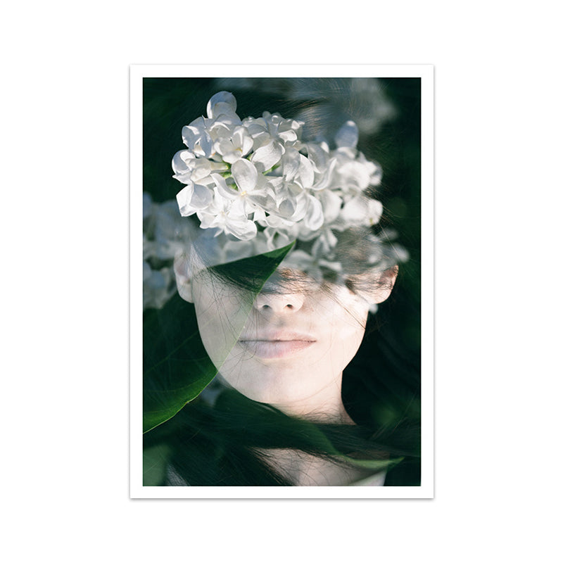 Photography Woman and Flower Canvas Art for Girls Bedroom, White and Green, Textured - Clearhalo - 'Arts' - 'Canvas Art' - 1658736