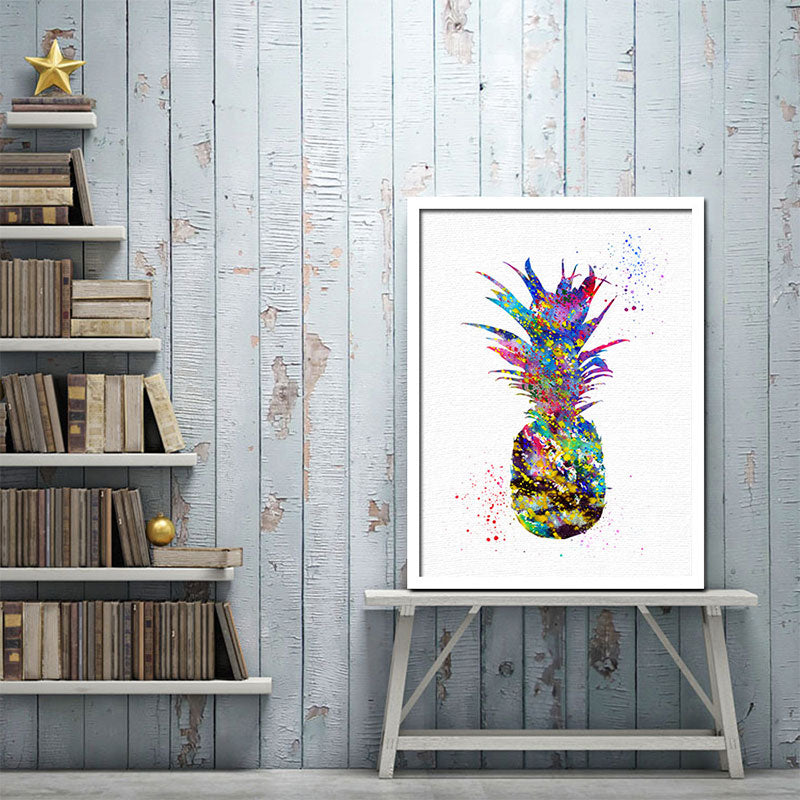 Tropical Pineapple Watercolor Canvas Blue Textured Wall Art Print for Living Room Clearhalo 'Art Gallery' 'Canvas Art' 'Coastal Art Gallery' 'Tropical' Arts' 1659897