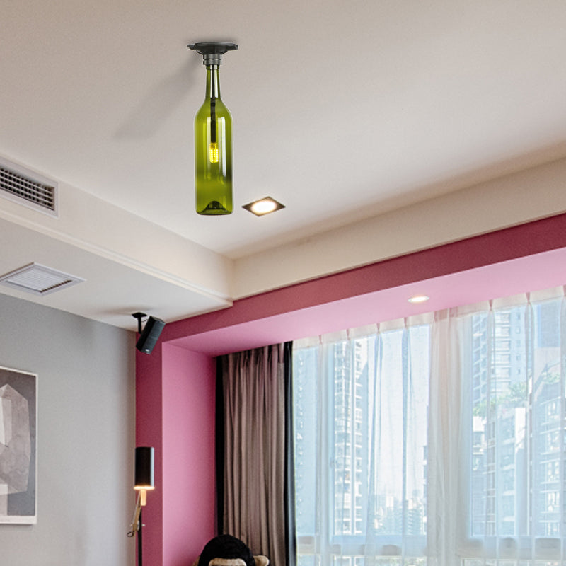 1 Bulb Semi Flush Light with Bottle Glass Shade Industrial Stylish Living Room Semi-Flush Mount Light in Grey/Brown Green Clearhalo 'Ceiling Lights' 'Close To Ceiling Lights' 'Close to ceiling' 'Glass shade' 'Glass' 'Semi-flushmount' Lighting' 166101