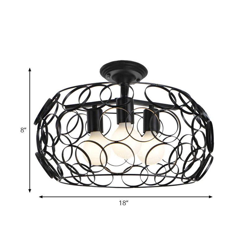 Black Drum Design Semi Flush Light with Wire Frame Vintage Retro Metallic 3 Heads Foyer Semi Flush Mount Light, 16"/16.5" W Clearhalo 'Ceiling Lights' 'Close To Ceiling Lights' 'Close to ceiling' 'Semi-flushmount' Lighting' 166119