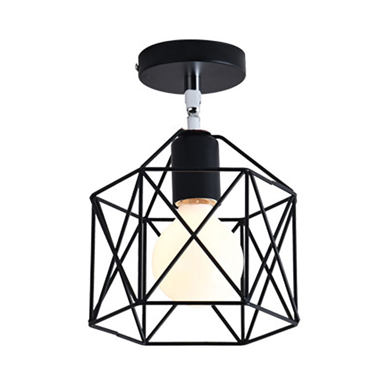 Cylinder/Drum Cage Bedroom Semi-Flush Ceiling Fixture Retro Vintage Metal 1 Head Black Rotatable Semi Flush Light Clearhalo 'Ceiling Lights' 'Close To Ceiling Lights' 'Close to ceiling' 'Semi-flushmount' Lighting' 166147