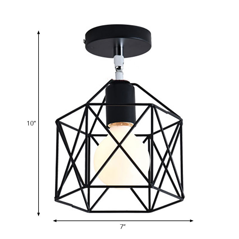 Cylinder/Drum Cage Bedroom Semi-Flush Ceiling Fixture Retro Vintage Metal 1 Head Black Rotatable Semi Flush Light Clearhalo 'Ceiling Lights' 'Close To Ceiling Lights' 'Close to ceiling' 'Semi-flushmount' Lighting' 166148