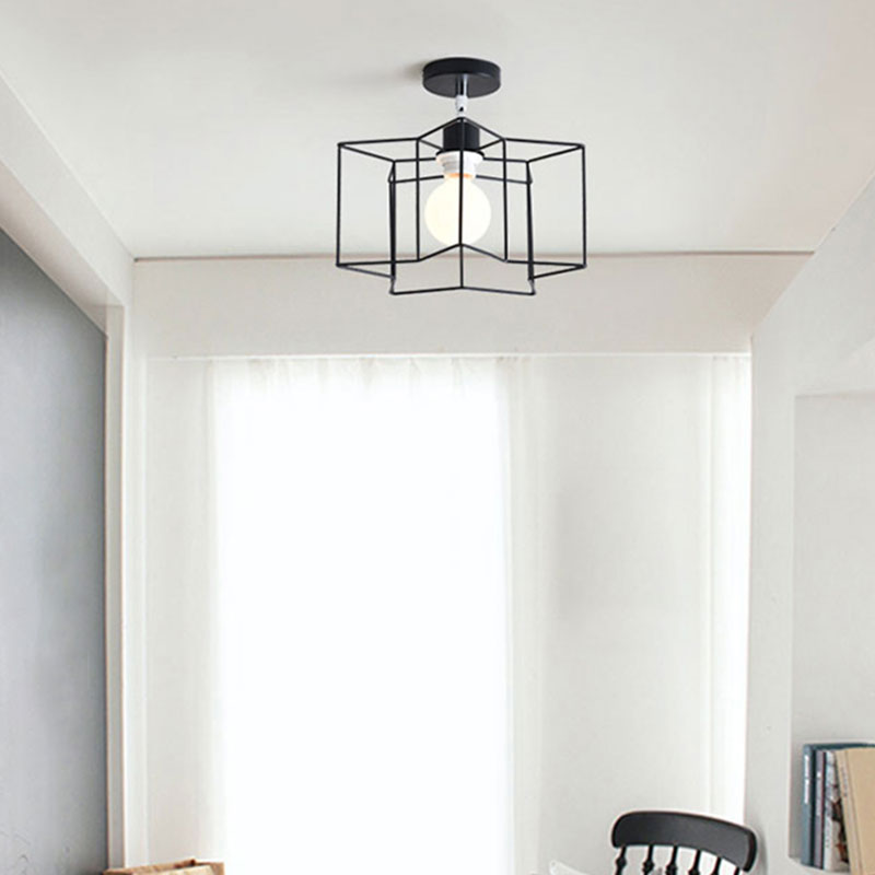 Cylinder/Drum Cage Bedroom Semi-Flush Ceiling Fixture Retro Vintage Metal 1 Head Black Rotatable Semi Flush Light Black Star Clearhalo 'Ceiling Lights' 'Close To Ceiling Lights' 'Close to ceiling' 'Semi-flushmount' Lighting' 166149