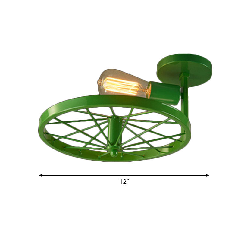 1 Head Wheel Shaped Semi Flush Light with Exposed Bulb Industrial White/Red Metallic Ceiling Mounted Light Clearhalo 'Ceiling Lights' 'Close To Ceiling Lights' 'Close to ceiling' 'Semi-flushmount' Lighting' 166202
