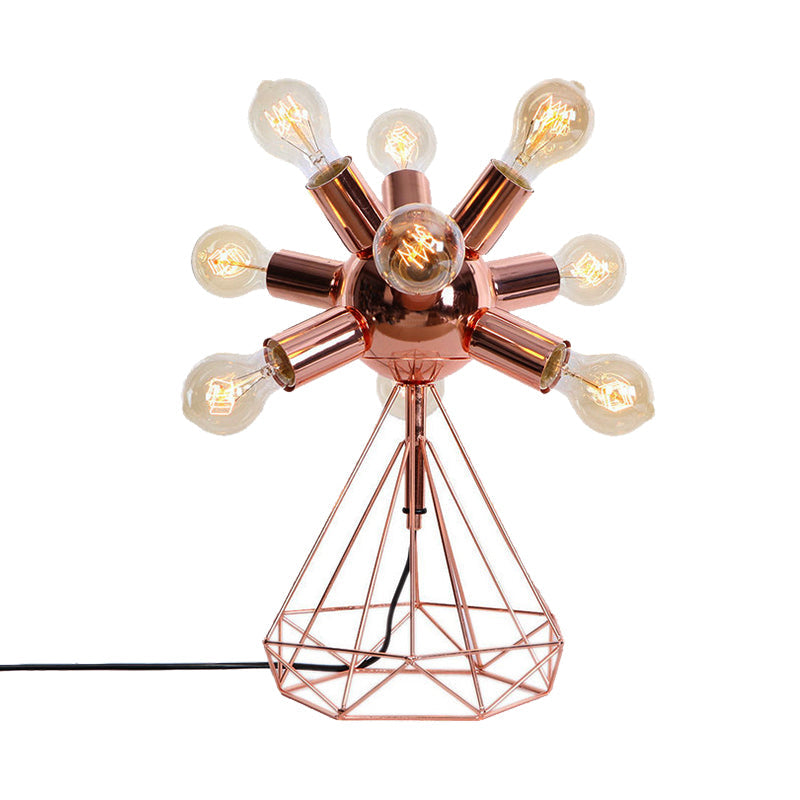 6/9-Head Table Lighting Retro Style Bare Bulb Metal Table Lamp with Diamond Base in Copper for Bedroom Clearhalo 'Lamps' 'Table Lamps' Lighting' 166636