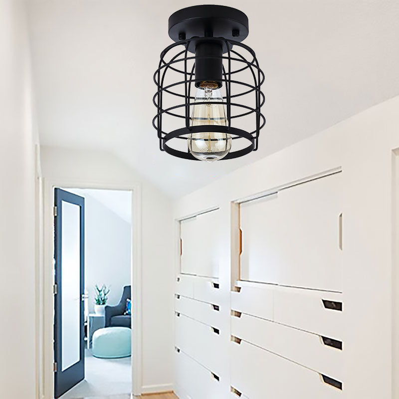 One Head Ceiling Lighting Vintage Cylindrical Cage Metal , Black for Corridor 110V-120V Negro Clearhalo 'Ceiling Lights' 'Close To Ceiling Lights' 'Close to ceiling' 'Hogar' 'Iluminaci��n' 'L��mparas de Techo' 'Plafones' 'Semi-flushmount' Lighting' 167831