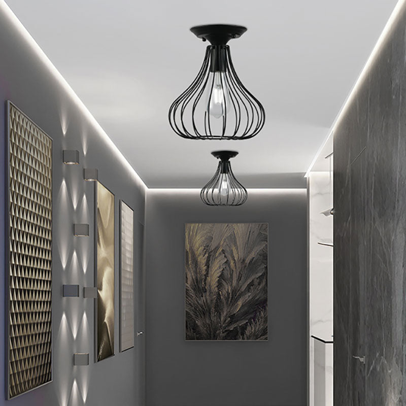 Retro Loft Globe/Pear Cage Ceiling Fixture 1 Light Metallic Semi-Flush Mount Light in Black for Hallway Black Pear Clearhalo 'Ceiling Lights' 'Close To Ceiling Lights' 'Close to ceiling' 'Semi-flushmount' Lighting' 168227