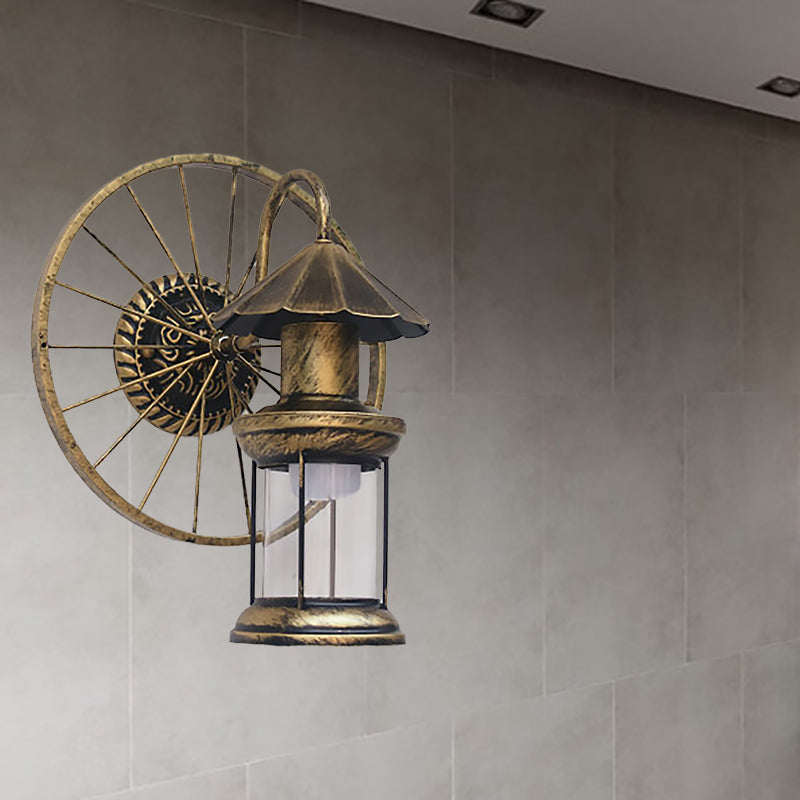Black/Bronze Lantern Wall Sconce Light Vintage Industrial Metal 1 Light Restaurant Sconce Lamp with Wheel Decoration Bronze Clearhalo 'Art deco wall lights' 'Cast Iron' 'Glass' 'Industrial wall lights' 'Industrial' 'Middle century wall lights' 'Modern' 'Rustic wall lights' 'Tiffany' 'Traditional wall lights' 'Wall Lamps & Sconces' 'Wall Lights' Lighting' 168306
