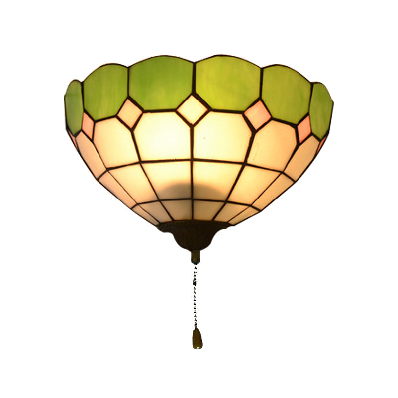 Tiffany Bowl Sconce Lighting with Pull Switch Stained Glass 1 Light Wall Lighting Clearhalo 'Industrial' 'Middle century wall lights' 'Tiffany wall lights' 'Tiffany' 'Wall Lamps & Sconces' 'Wall Lights' Lighting' 168571