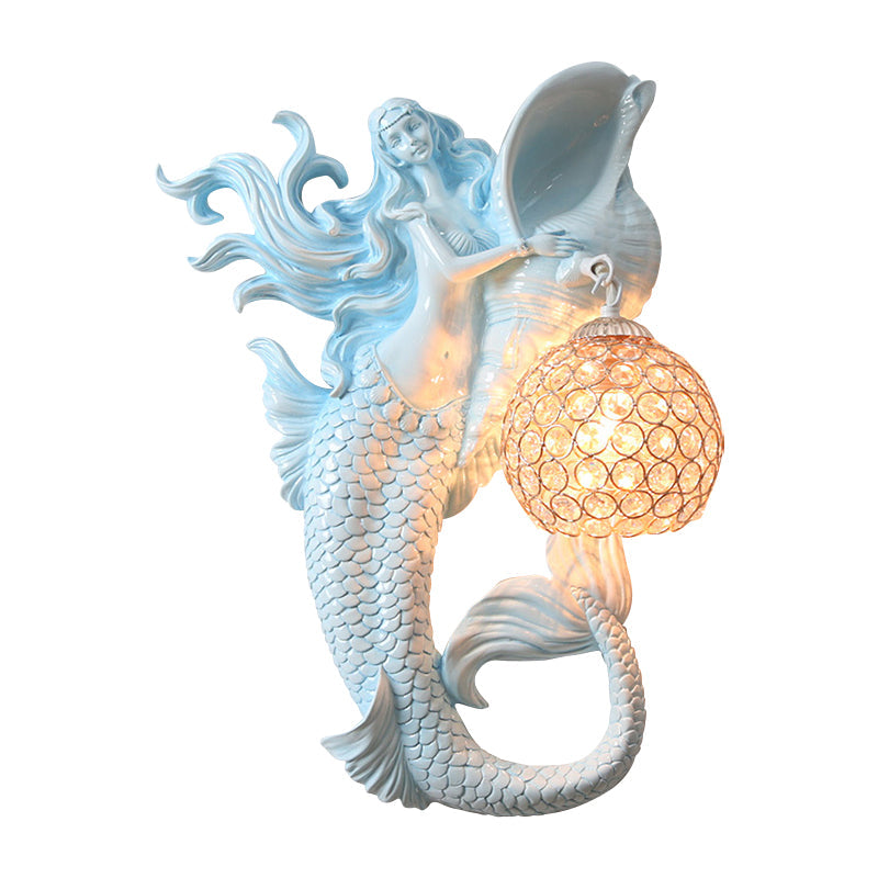 Farmhouse Sphere Sconce Light 1-Bulb Clear Beveled Crystal Wall Mounted Lighting with Mermaid Design in Light Blue/Gold, Left/Right Clearhalo 'Wall Lamps & Sconces' 'Wall Lights' Lighting' 1687609