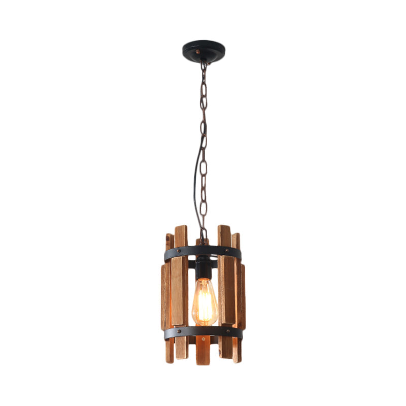 Round Metallic Pendant Lamp Rustic 1 Bulb Parlor Suspension Lamp with Cylindrical Wooden Frame in Wood/White Clearhalo 'Art Deco Pendants' 'Cast Iron' 'Ceiling Lights' 'Ceramic' 'Crystal' 'Industrial Pendants' 'Industrial' 'Metal' 'Middle Century Pendants' 'Pendant Lights' 'Pendants' 'Tiffany' Lighting' 1687612