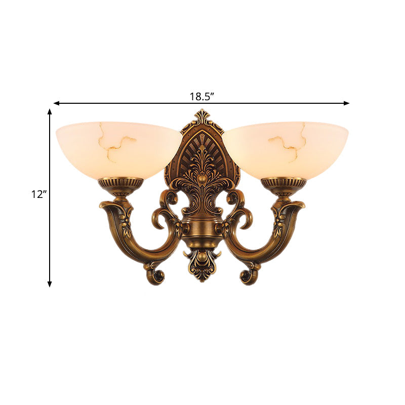 2 Heads Bowl Wall Mount Lighting Rustic Brass Finish Texture Glass Wall Lamp with Swirled Arm Clearhalo 'Wall Lamps & Sconces' 'Wall Lights' Lighting' 1687812