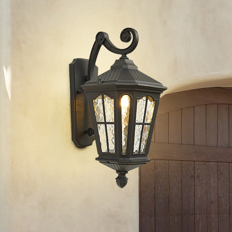 Lantern Porch Wall Lighting Traditional Dimpled Glass 9.5"/12" W 1-Bulb Black/Brass Wall Mounted Light, Up/Down Black Down Clearhalo 'Art deco wall lights' 'Cast Iron' 'Glass' 'Industrial wall lights' 'Industrial' 'Middle century wall lights' 'Modern' 'Rustic wall lights' 'Tiffany' 'Traditional wall lights' 'Wall Lamps & Sconces' 'Wall Lights' Lighting' 1687938