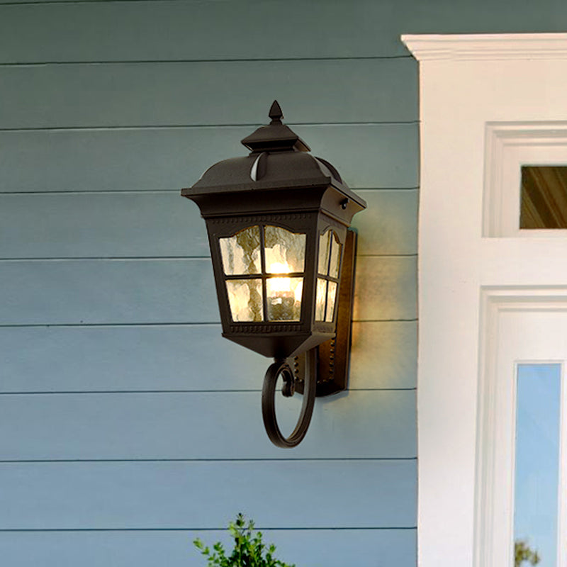 1 Light Seedy Glass Wall Lamp Antique Black Lantern Doorway Wall Light with Up/Down Curved Arm, 10"/12.5" W Clearhalo 'Art deco wall lights' 'Cast Iron' 'Glass' 'Industrial wall lights' 'Industrial' 'Middle century wall lights' 'Modern' 'Rustic wall lights' 'Tiffany' 'Traditional wall lights' 'Wall Lamps & Sconces' 'Wall Lights' Lighting' 1688060