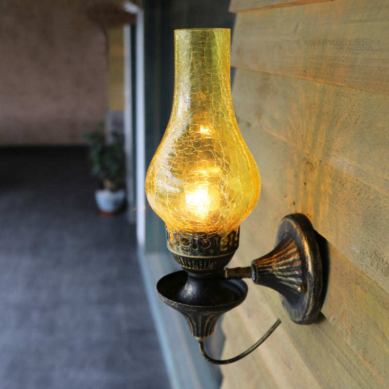 Vase Courtyard Wall Light Fixture Industrial Textured White/Clear/Yellow Crackle Glass 1 Bulb Black Wall Lighting Yellow Clearhalo 'Art deco wall lights' 'Cast Iron' 'Glass' 'Industrial wall lights' 'Industrial' 'Middle century wall lights' 'Modern' 'Rustic wall lights' 'Tiffany' 'Traditional wall lights' 'Wall Lamps & Sconces' 'Wall Lights' Lighting' 1688441