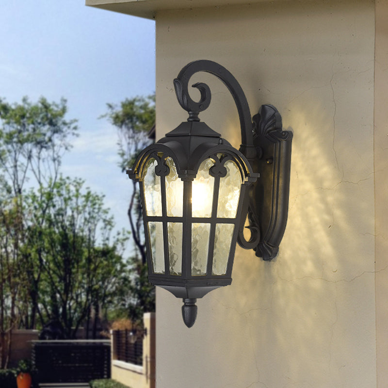 10"/14" W 1 Light Water Glass Wall Lamp Farmhouse Black/Brass Lantern Doorway Wall Lighting with Curvy Arm Black Clearhalo 'Art deco wall lights' 'Cast Iron' 'Glass' 'Industrial wall lights' 'Industrial' 'Middle century wall lights' 'Modern' 'Rustic wall lights' 'Tiffany' 'Traditional wall lights' 'Wall Lamps & Sconces' 'Wall Lights' Lighting' 1688529