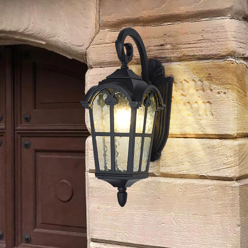 10"/14" W 1 Light Water Glass Wall Lamp Farmhouse Black/Brass Lantern Doorway Wall Lighting with Curvy Arm Clearhalo 'Art deco wall lights' 'Cast Iron' 'Glass' 'Industrial wall lights' 'Industrial' 'Middle century wall lights' 'Modern' 'Rustic wall lights' 'Tiffany' 'Traditional wall lights' 'Wall Lamps & Sconces' 'Wall Lights' Lighting' 1688530