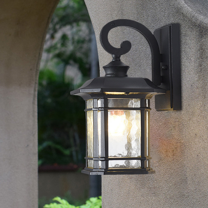 Water Glass Lantern Wall Mount Light Rustic Style 8.5"/10.5" Width 1 Bulb Doorway Wall Lamp in Black/Brass Black Clearhalo 'Art deco wall lights' 'Cast Iron' 'Glass' 'Industrial wall lights' 'Industrial' 'Middle century wall lights' 'Modern' 'Rustic wall lights' 'Tiffany' 'Traditional wall lights' 'Wall Lamps & Sconces' 'Wall Lights' Lighting' 1688555