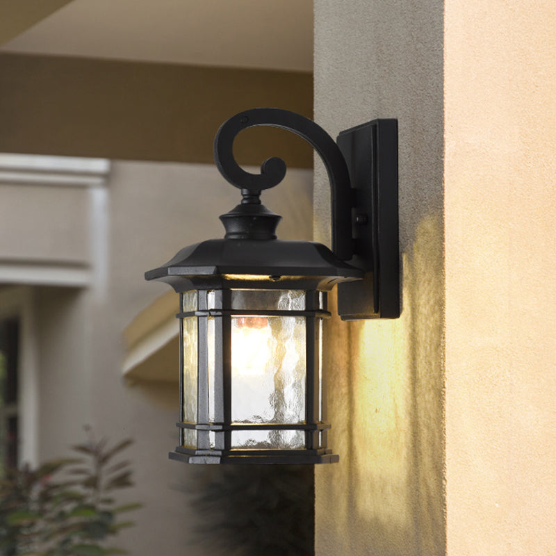 Water Glass Lantern Wall Mount Light Rustic Style 8.5"/10.5" Width 1 Bulb Doorway Wall Lamp in Black/Brass Clearhalo 'Art deco wall lights' 'Cast Iron' 'Glass' 'Industrial wall lights' 'Industrial' 'Middle century wall lights' 'Modern' 'Rustic wall lights' 'Tiffany' 'Traditional wall lights' 'Wall Lamps & Sconces' 'Wall Lights' Lighting' 1688556