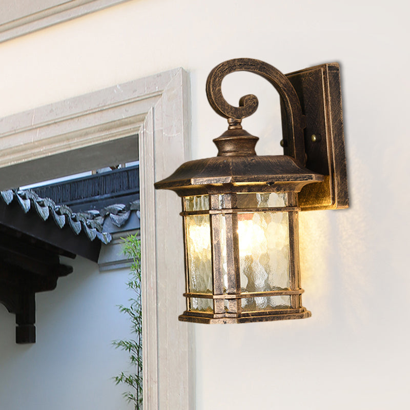 Water Glass Lantern Wall Mount Light Rustic Style 8.5"/10.5" Width 1 Bulb Doorway Wall Lamp in Black/Brass Brass Clearhalo 'Art deco wall lights' 'Cast Iron' 'Glass' 'Industrial wall lights' 'Industrial' 'Middle century wall lights' 'Modern' 'Rustic wall lights' 'Tiffany' 'Traditional wall lights' 'Wall Lamps & Sconces' 'Wall Lights' Lighting' 1688560
