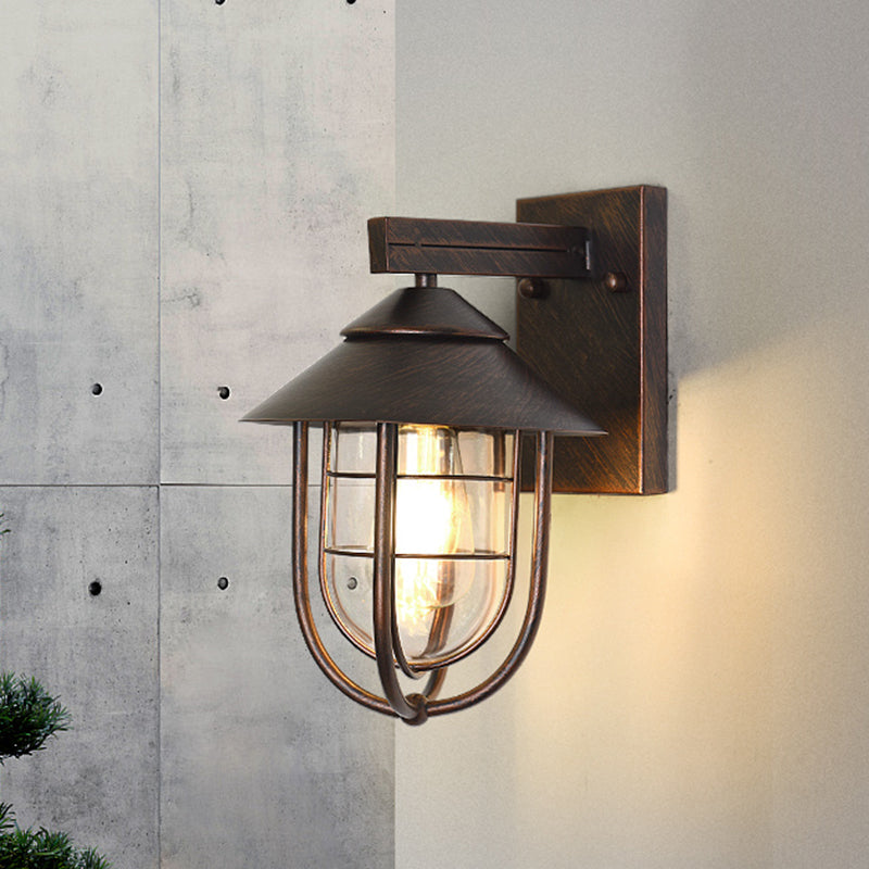 Urn Outdoor Wall Light Fixture Nautical Clear Glass 1-Head Black Wall Mount Lamp with Metallic Cage Clearhalo 'Art deco wall lights' 'Cast Iron' 'Glass' 'Industrial wall lights' 'Industrial' 'Middle century wall lights' 'Modern' 'Rustic wall lights' 'Tiffany' 'Traditional wall lights' 'Wall Lamps & Sconces' 'Wall Lights' Lighting' 1688565