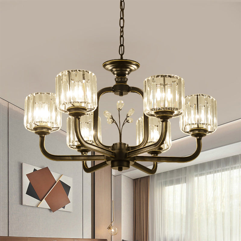 6/8-Bulb Living Room Chandelier Simple Black/Gold Suspension Lighting with Cylindrical Crystal Prisms Shade Clearhalo 'Ceiling Lights' 'Chandeliers' 'Modern Chandeliers' 'Modern' Lighting' 1688707